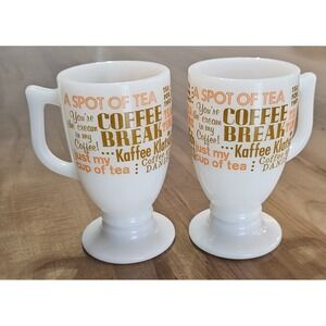 Vtg 70's Milk Glass Pedestal Footed‎ Coffee Mug Tea Kaffee Klatsch Orange Brown